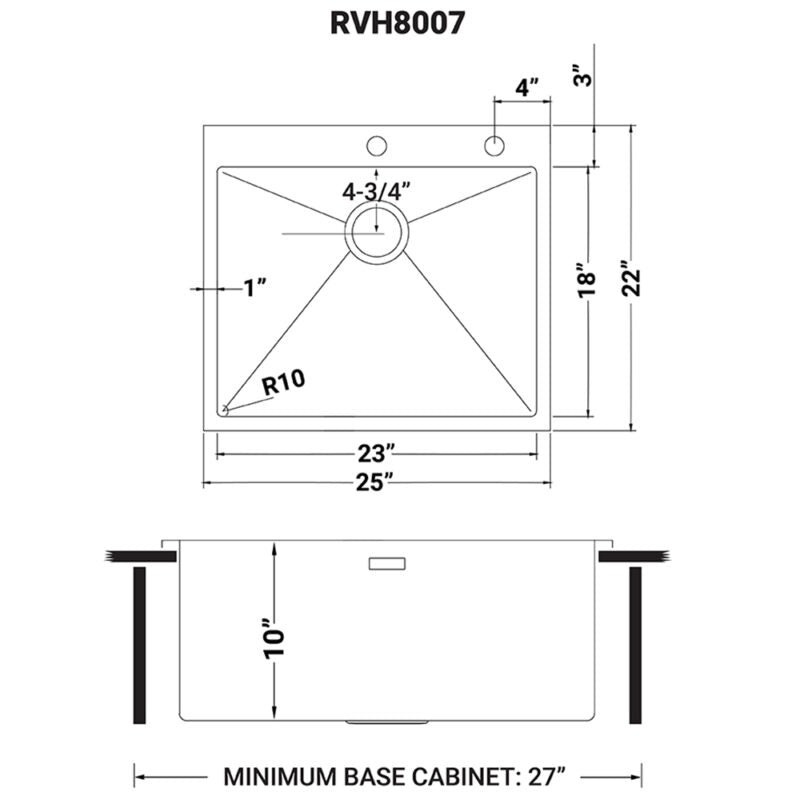 Ruvati Tirana Pro 25” x 22" Drop-In Topmount Stainless Steel Tight Radius Single Bowl Kitchen Sink With 2 Faucet Holes, Basket Strainer, Bottom Rinse Grid and Drain Assembly