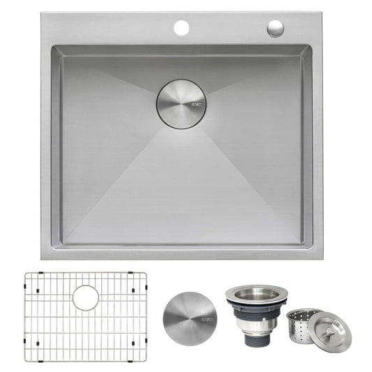 Ruvati Tirana Pro 25” x 22" Drop-In Topmount Stainless Steel Tight Radius Single Bowl Kitchen Sink With 2 Faucet Holes, Basket Strainer, Bottom Rinse Grid and Drain Assembly