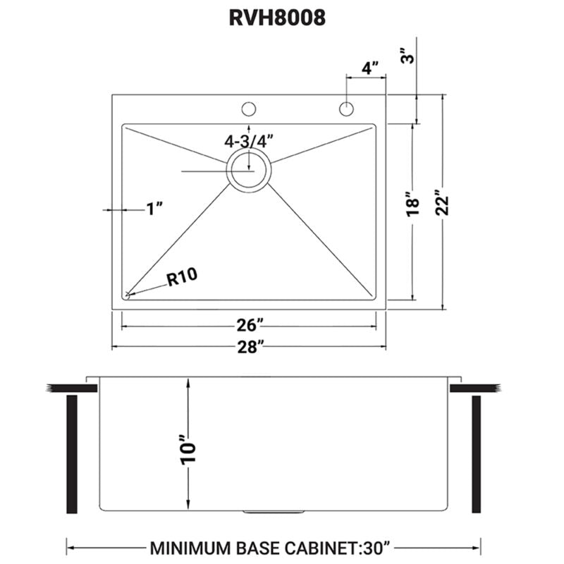 Ruvati Tirana Pro 28” x 22" Drop-In Topmount Stainless Steel Tight Radius Single Bowl Kitchen Sink With 2 Faucet Holes, Basket Strainer, Bottom Rinse Grid and Drain Assembly