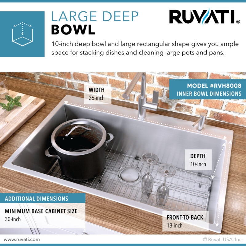 Ruvati Tirana Pro 28” x 22" Drop-In Topmount Stainless Steel Tight Radius Single Bowl Kitchen Sink With 2 Faucet Holes, Basket Strainer, Bottom Rinse Grid and Drain Assembly