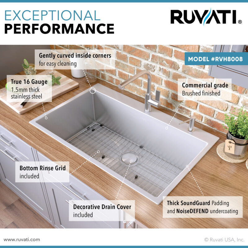 Ruvati Tirana Pro 28” x 22" Drop-In Topmount Stainless Steel Tight Radius Single Bowl Kitchen Sink With 2 Faucet Holes, Basket Strainer, Bottom Rinse Grid and Drain Assembly