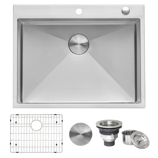Ruvati Tirana Pro 28” x 22" Drop-In Topmount Stainless Steel Tight Radius Single Bowl Kitchen Sink With 2 Faucet Holes, Basket Strainer, Bottom Rinse Grid and Drain Assembly