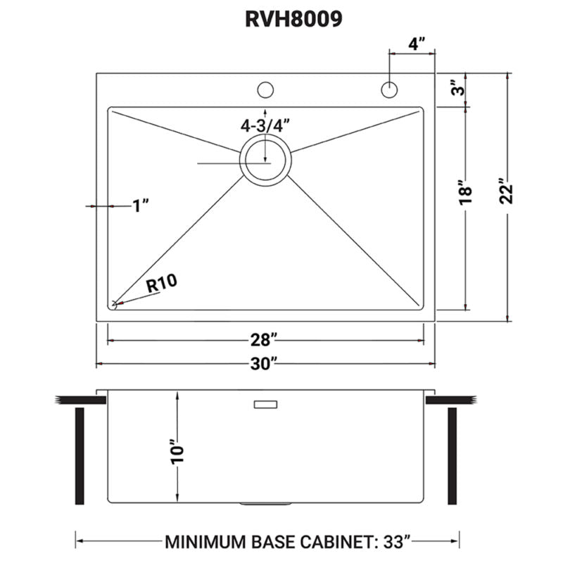 Ruvati Tirana Pro 30” x 22" Drop-In Topmount Stainless Steel Tight Radius Single Bowl Kitchen Sink With 2 Faucet Holes, Basket Strainer, Bottom Rinse Grid and Drain Assembly