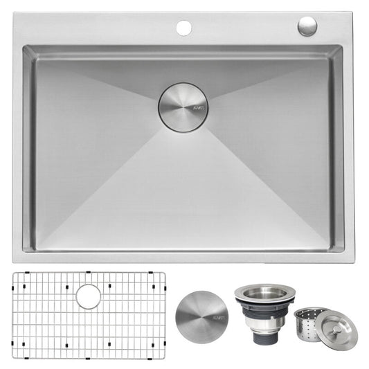 Ruvati Tirana Pro 30” x 22" Drop-In Topmount Stainless Steel Tight Radius Single Bowl Kitchen Sink With 2 Faucet Holes, Basket Strainer, Bottom Rinse Grid and Drain Assembly