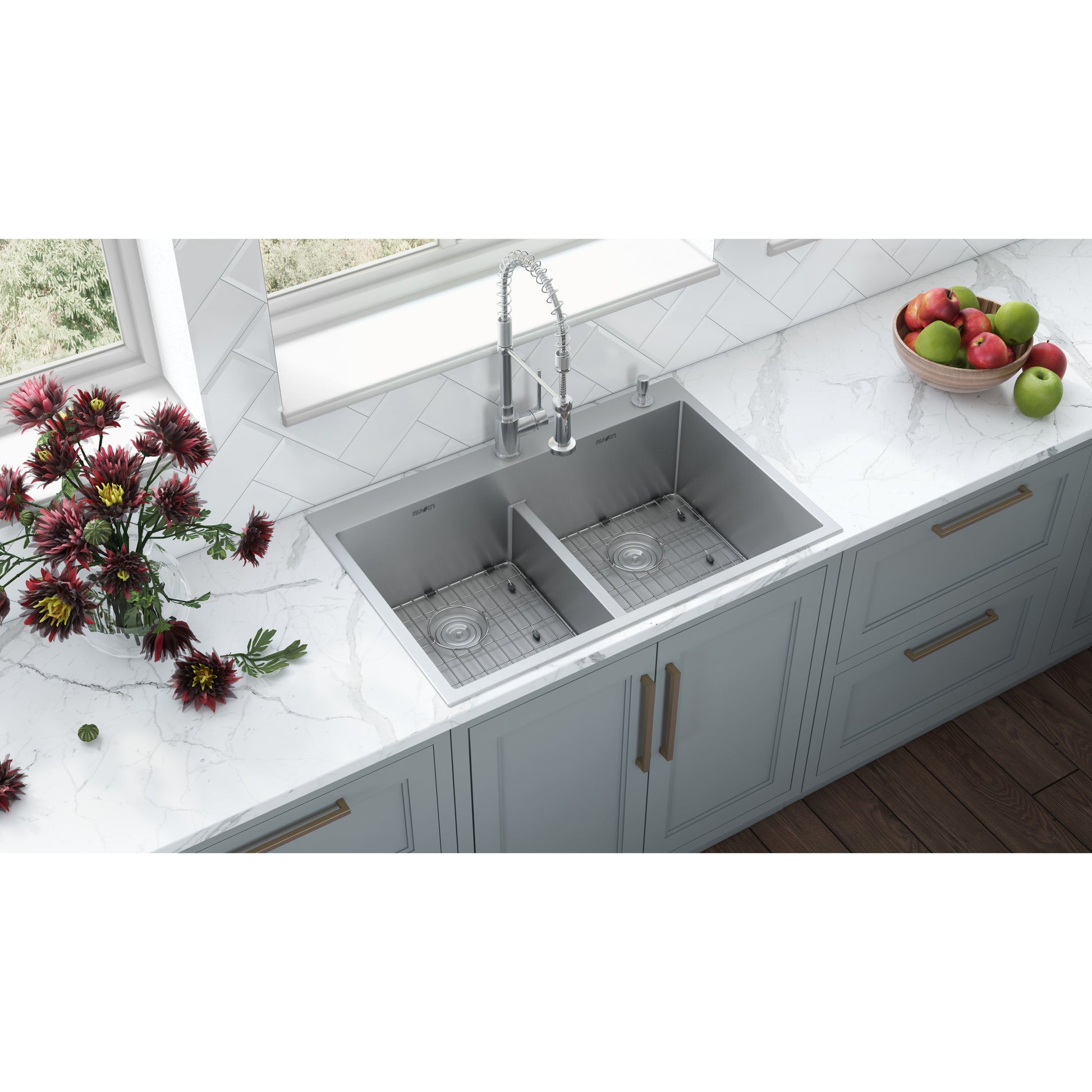 Ruvati Tirana Pro 33” x 22" Drop-In Topmount Stainless Steel Tight Radius 50/50 Double Bowl Kitchen Sink With 2 Faucet Holes, Basket Strainer, Bottom Rinse Grid and Drain Assembly