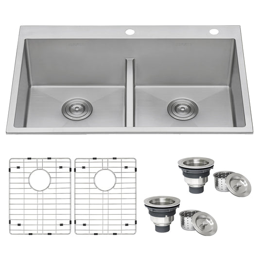 Ruvati Tirana Pro 33” x 22" Drop-In Topmount Stainless Steel Tight Radius 50/50 Double Bowl Kitchen Sink With 2 Faucet Holes, Basket Strainer, Bottom Rinse Grid and Drain Assembly