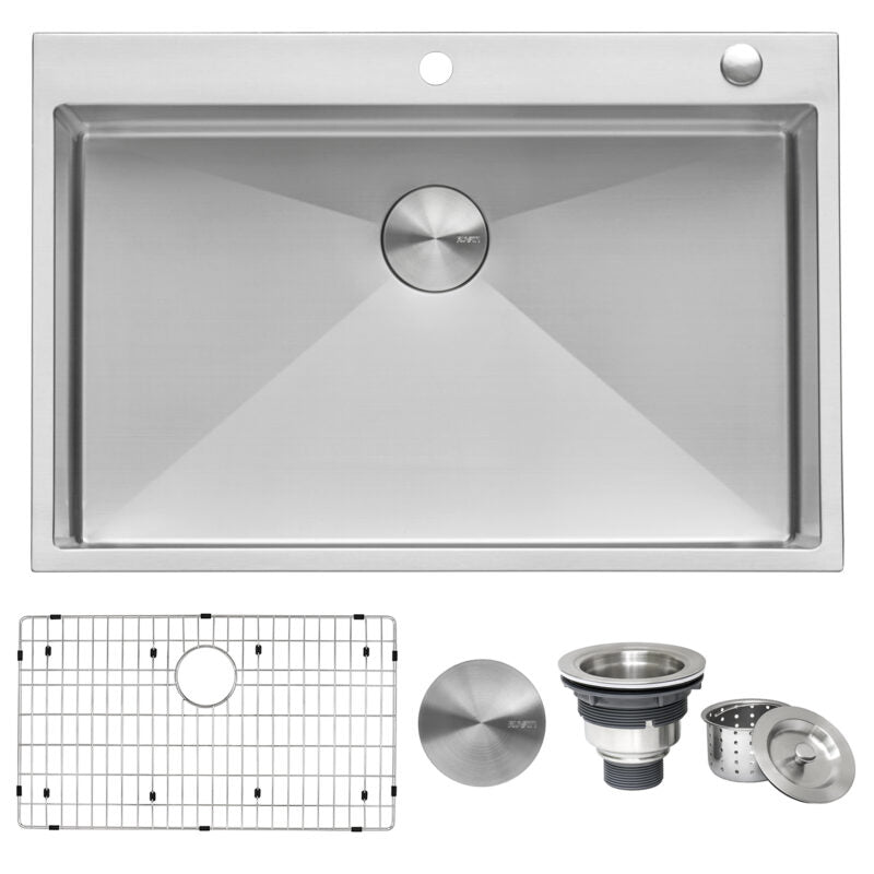 Ruvati Tirana Pro 33” x 22" Drop-In Topmount Stainless Steel Tight Radius Single Bowl Kitchen Sink With 2 Faucet Holes, Basket Strainer, Bottom Rinse Grid and Drain Assembly