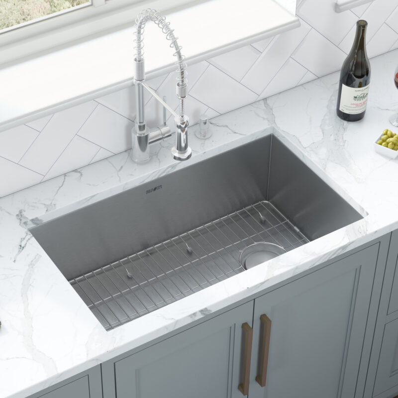 Ruvati Tribeca 27” x 19" Undermount Stainless Steel Single Bowl Slope Bottom Offset Drain Kitchen Sink With Basket Strainer, Bottom Rinse Grid and Drain Assembly