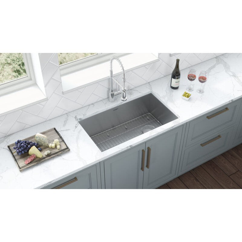 Ruvati Tribeca 32” x 19" Undermount Stainless Steel Single Bowl Slope Bottom Offset Drain Kitchen Sink With Basket Strainer, Bottom Rinse Grid and Drain Assembly