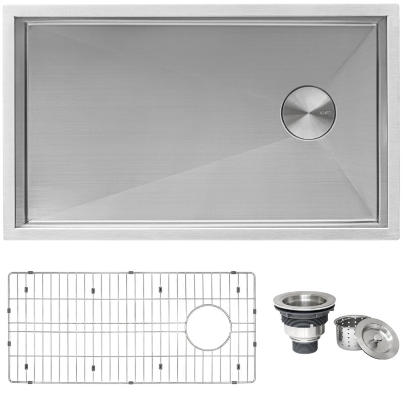 Ruvati Tribeca 36” x 19" Undermount Stainless Steel Single Bowl Slope Bottom Offset Drain Kitchen Sink With Basket Strainer, Bottom Rinse Grid and Drain Assembly