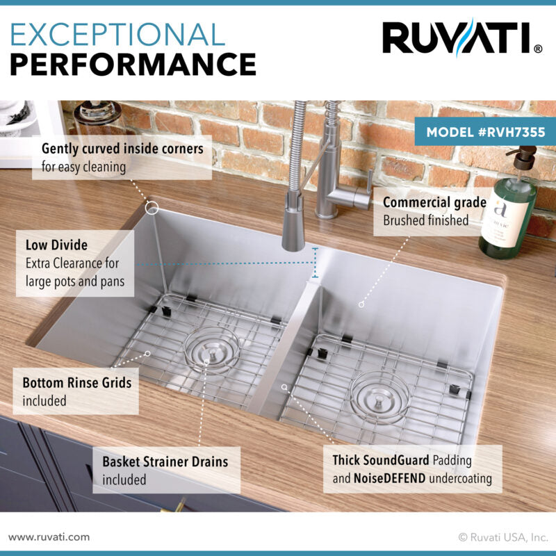 Ruvati Urbana 30” x 19" Undermount Stainless Steel 50/50 Double Bowl Low Divide Tight Radius Kitchen Sink With Basket Strainer, Bottom Rinse Grid and Drain Assembly