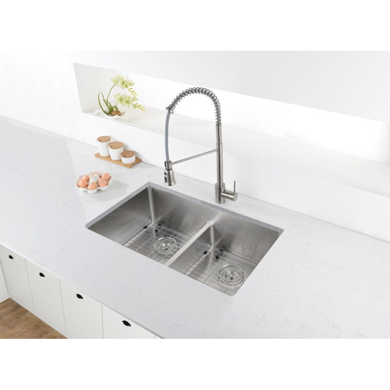 Ruvati Urbana 30” x 19" Undermount Stainless Steel 50/50 Double Bowl Low Divide Tight Radius Kitchen Sink With Basket Strainer, Bottom Rinse Grid and Drain Assembly