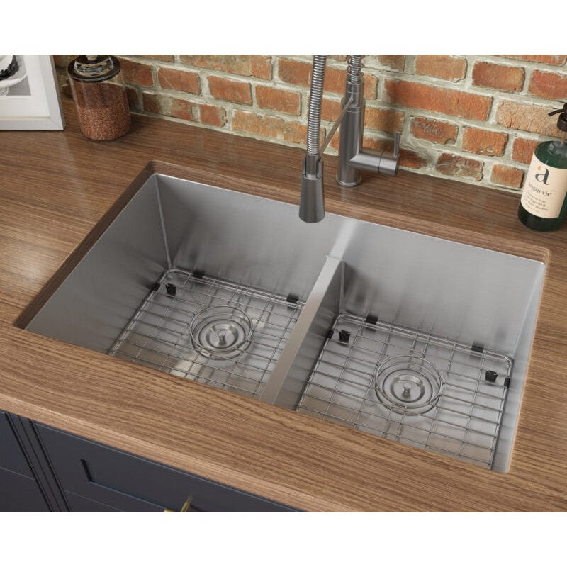 Ruvati Urbana 30” x 19" Undermount Stainless Steel 50/50 Double Bowl Low Divide Tight Radius Kitchen Sink With Basket Strainer, Bottom Rinse Grid and Drain Assembly