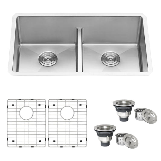 Ruvati Urbana 30” x 19" Undermount Stainless Steel 50/50 Double Bowl Low Divide Tight Radius Kitchen Sink With Basket Strainer, Bottom Rinse Grid and Drain Assembly