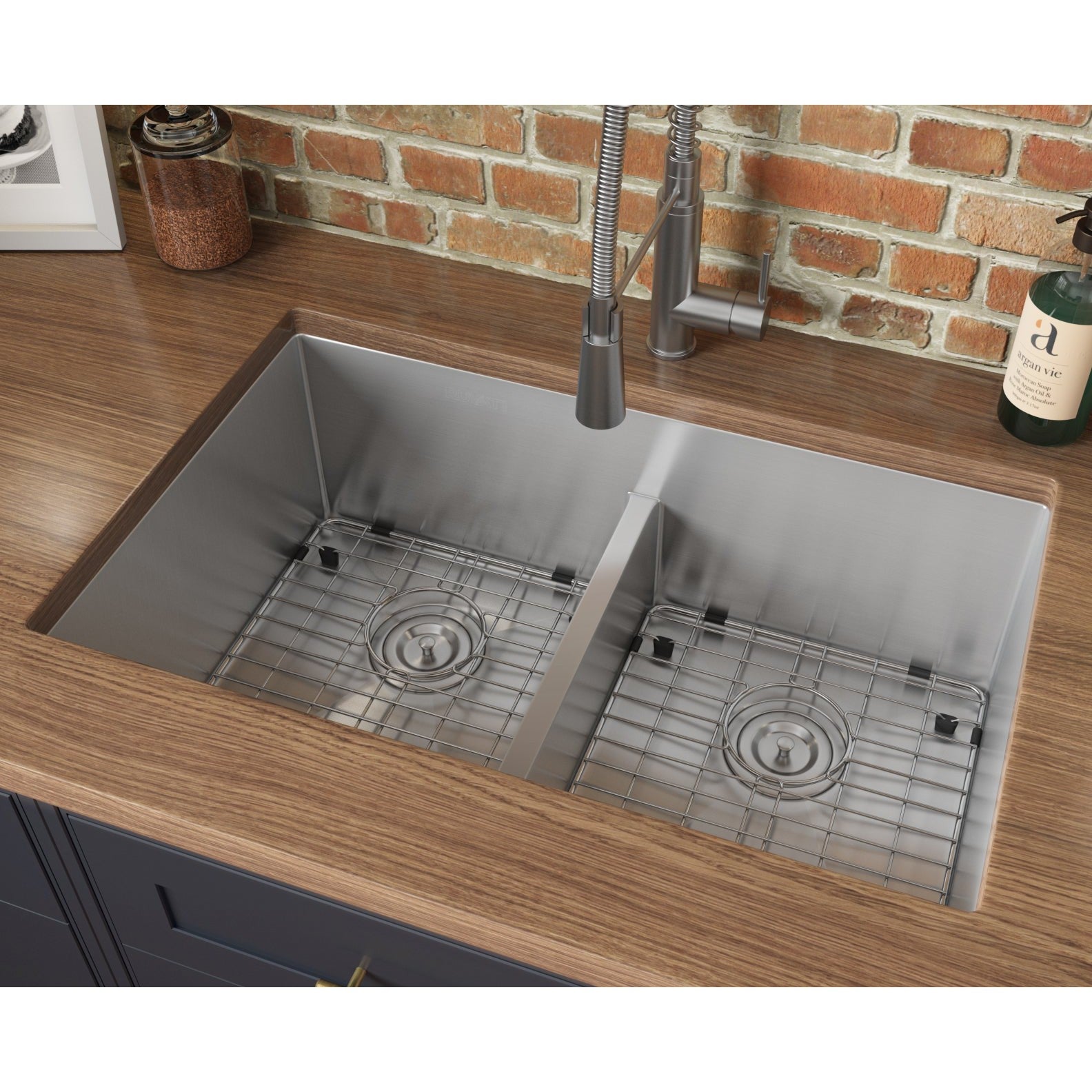 Ruvati Urbana 32” x 19" Undermount Stainless Steel 50/50 Double Bowl Low Divide Tight Radius Kitchen Sink With Basket Strainer, Bottom Rinse Grid and Drain Assembly