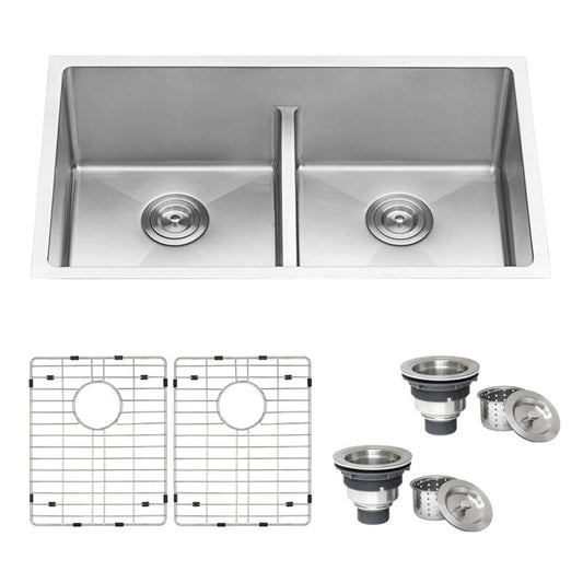 Ruvati Urbana 32” x 19" Undermount Stainless Steel 50/50 Double Bowl Low Divide Tight Radius Kitchen Sink With Basket Strainer, Bottom Rinse Grid and Drain Assembly