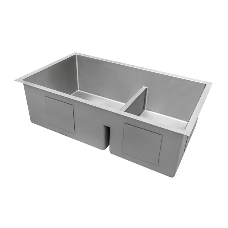 Ruvati Urbana 33” x 19" Undermount Stainless Steel 60/40 Double Bowl Low Divide Tight Radius Kitchen Sink With Basket Strainer, Bottom Rinse Grid and Drain Assembly