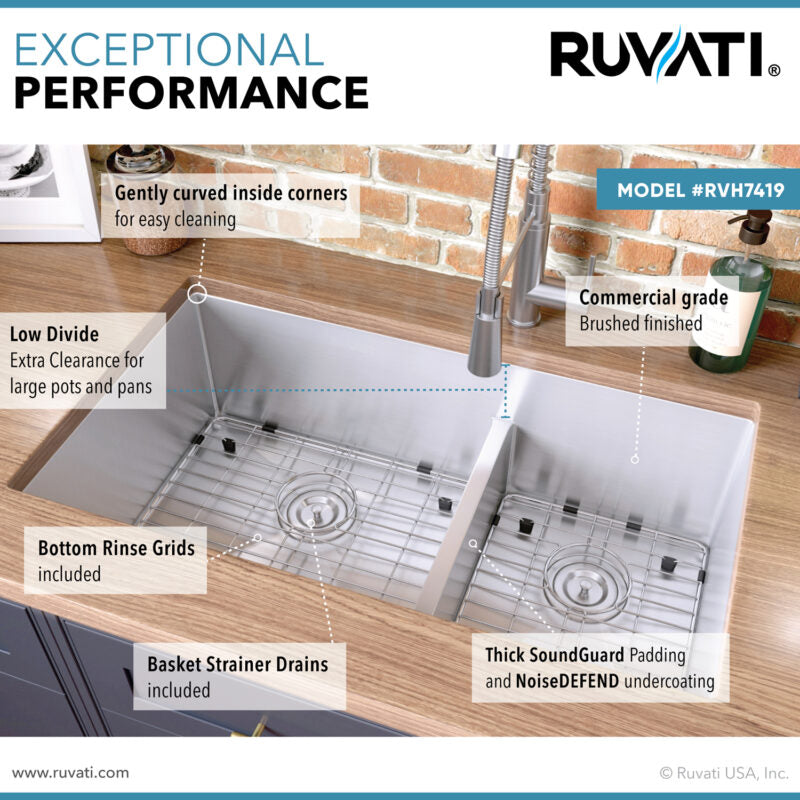 Ruvati Urbana 33” x 19" Undermount Stainless Steel 60/40 Double Bowl Low Divide Tight Radius Kitchen Sink With Basket Strainer, Bottom Rinse Grid and Drain Assembly