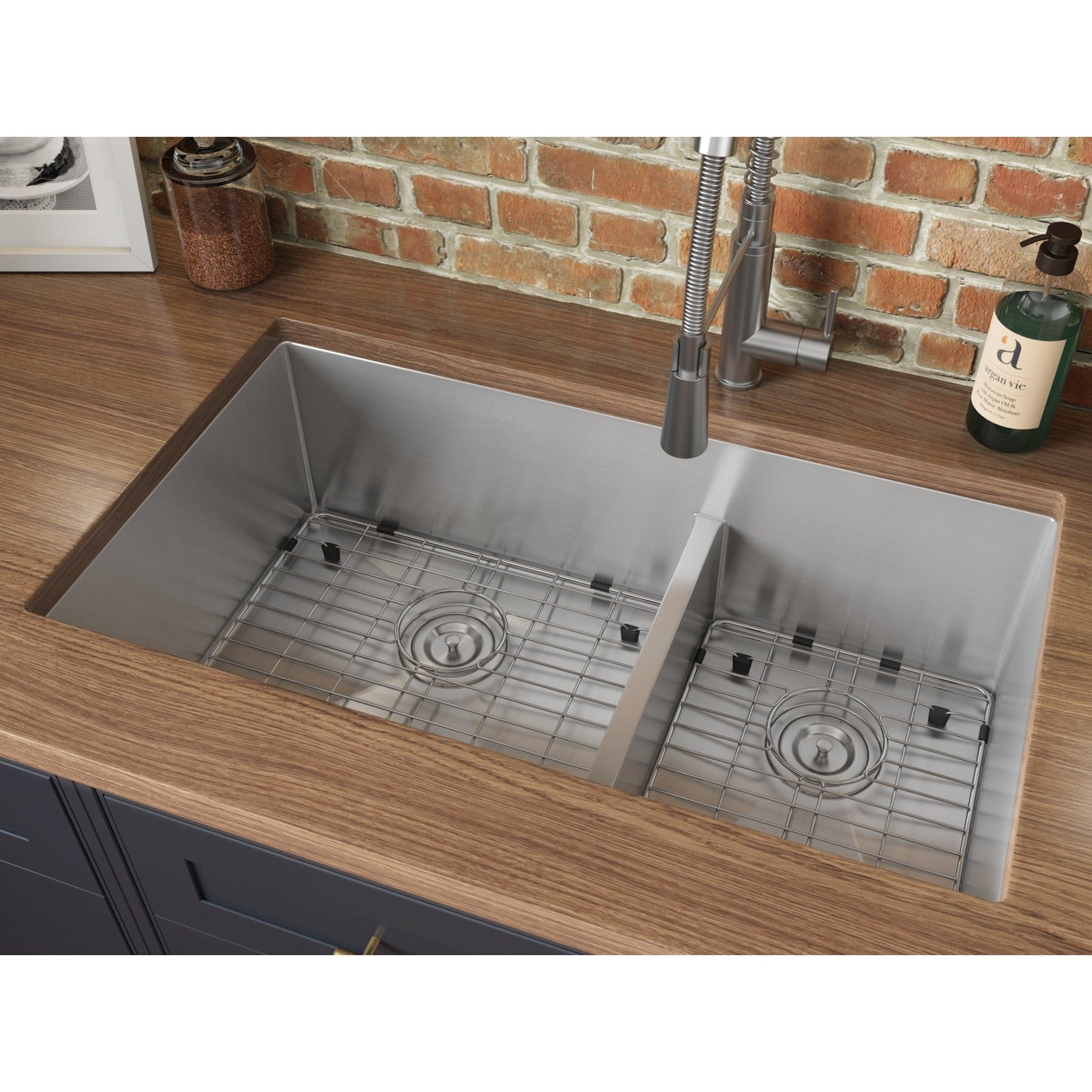 Ruvati Urbana 33” x 19" Undermount Stainless Steel 60/40 Double Bowl Low Divide Tight Radius Kitchen Sink With Basket Strainer, Bottom Rinse Grid and Drain Assembly