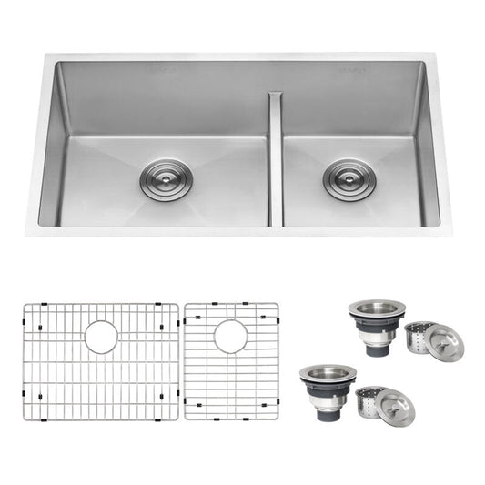 Ruvati Urbana 33” x 19" Undermount Stainless Steel 60/40 Double Bowl Low Divide Tight Radius Kitchen Sink With Basket Strainer, Bottom Rinse Grid and Drain Assembly