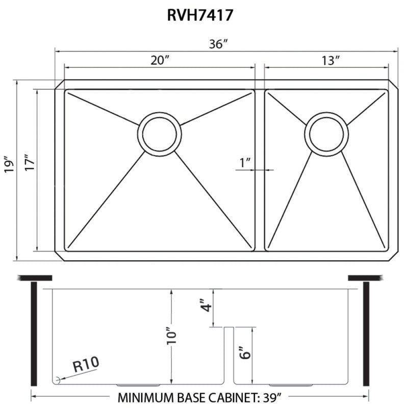 Ruvati Urbana 36” x 19" Undermount Stainless Steel 60/40 Double Bowl Low Divide Tight Radius Kitchen Sink With Basket Strainer, Bottom Rinse Grid and Drain Assembly