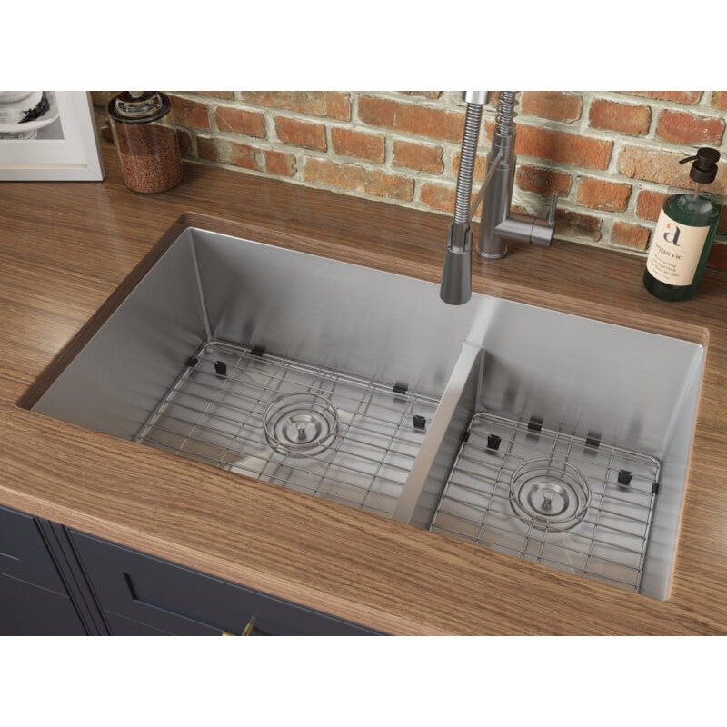 Ruvati Urbana 36” x 19" Undermount Stainless Steel 60/40 Double Bowl Low Divide Tight Radius Kitchen Sink With Basket Strainer, Bottom Rinse Grid and Drain Assembly