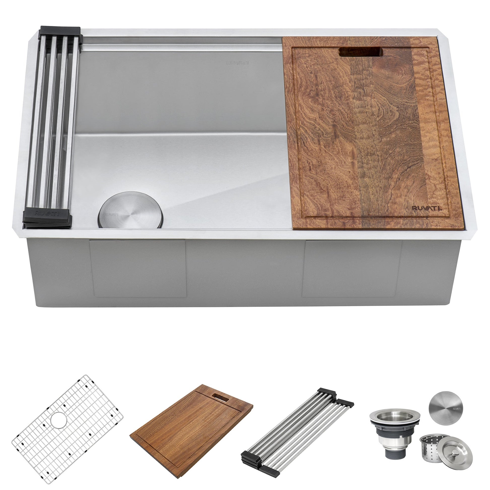 Ruvati Veniso 27” x 19" Undermount Stainless Steel Single Bowl Slope Bottom Offset Drain Workstation Sink With Bottom Rinse Grid and Drain Assembly