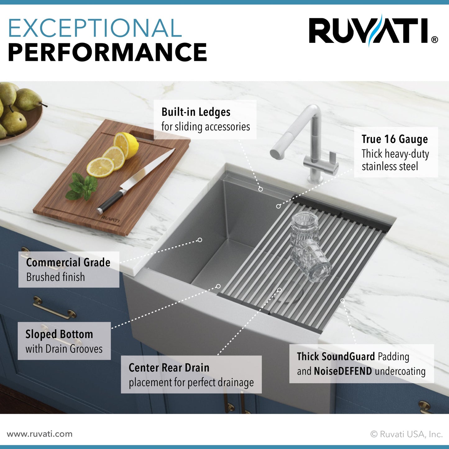 Ruvati Verona 24" Stainless Steel Single Bowl Apron-Front Workstation Farmhouse Kitchen Sink