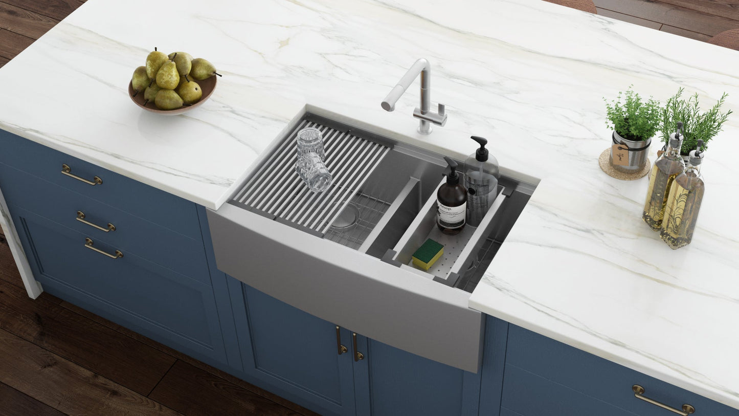 Ruvati Verona 33" Stainless Steel Double Bowl 60/40 Low Divide Apron-Front Workstation Farmhouse Kitchen Sink