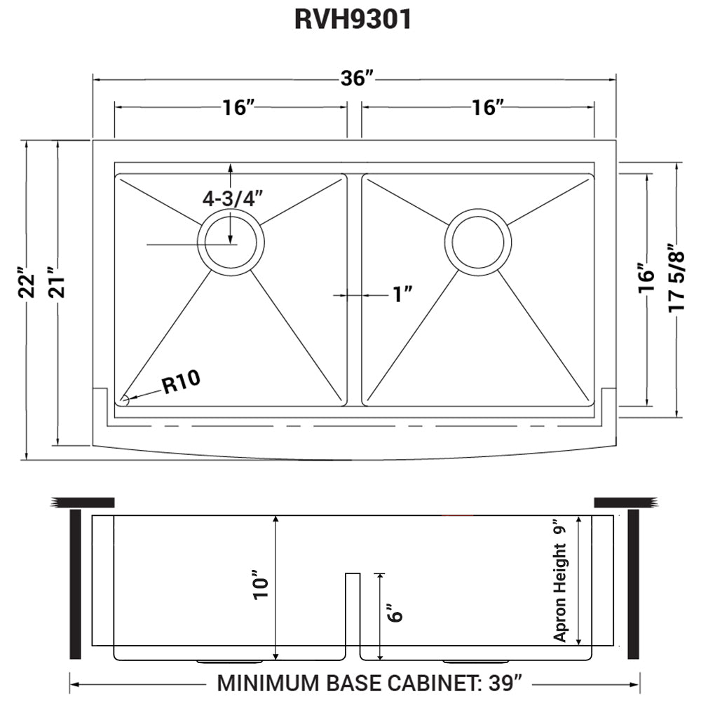 Ruvati Verona 36" Stainless Steel Double Bowl 50/50 Low Divide Apron-Front Workstation Farmhouse Kitchen Sink