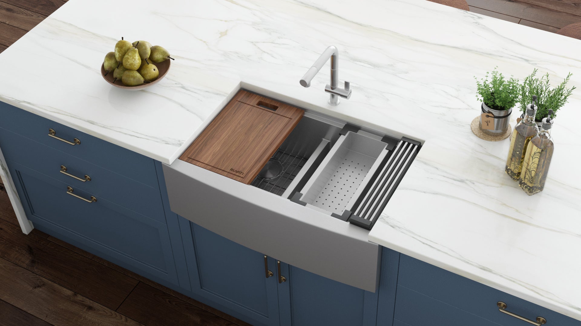 Ruvati Verona 36" Stainless Steel Double Bowl 50/50 Low Divide Apron-Front Workstation Farmhouse Kitchen Sink