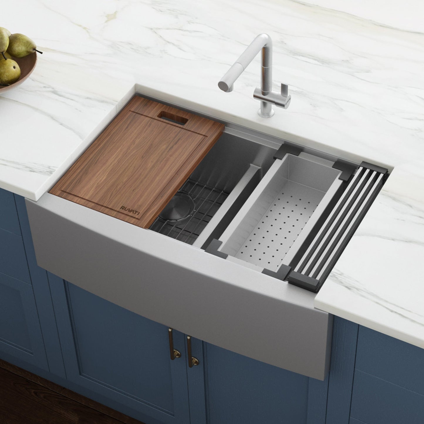 Ruvati Verona 36" Stainless Steel Double Bowl 50/50 Low Divide Apron-Front Workstation Farmhouse Kitchen Sink