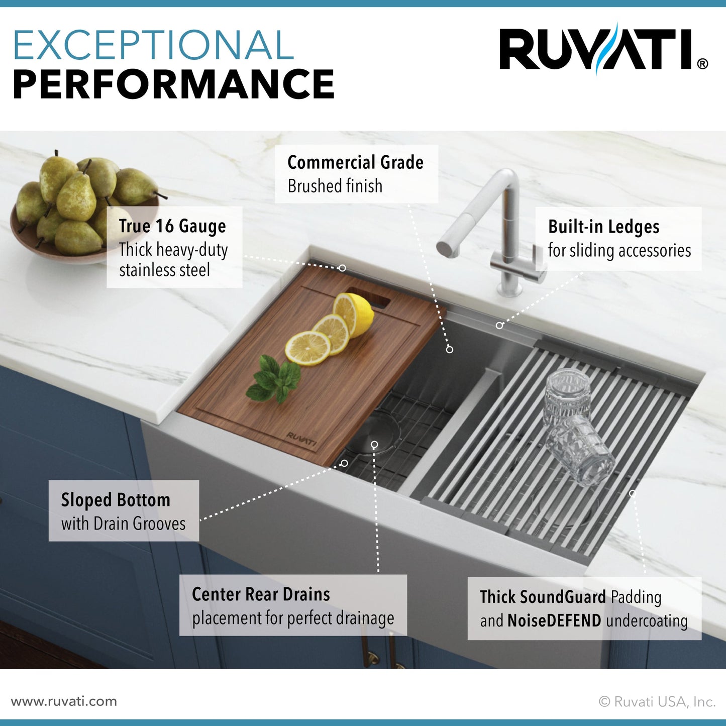 Ruvati Verona 36" Stainless Steel Double Bowl 50/50 Low Divide Apron-Front Workstation Farmhouse Kitchen Sink