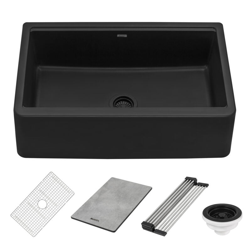 Ruvati epiCast 33” Matte Black Farmhouse Granite Apron-Front Single Bowl Workstation Kitchen Sink With Basket Strainer, Bottom Rinse Grid and Drain Assembly