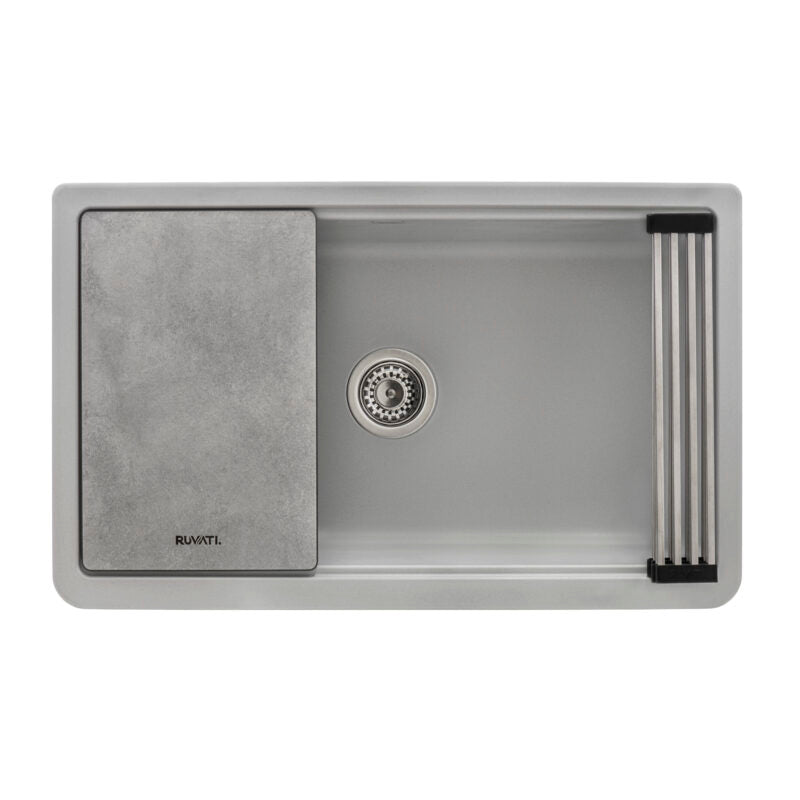 Ruvati epiCast 33” Matte Gray Farmhouse Granite Apron-Front Single Bowl Workstation Kitchen Sink With Basket Strainer, Bottom Rinse Grid and Drain Assembly