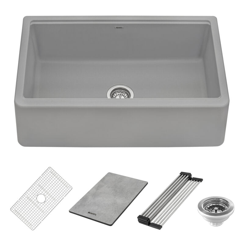Ruvati epiCast 33” Matte Gray Farmhouse Granite Apron-Front Single Bowl Workstation Kitchen Sink With Basket Strainer, Bottom Rinse Grid and Drain Assembly