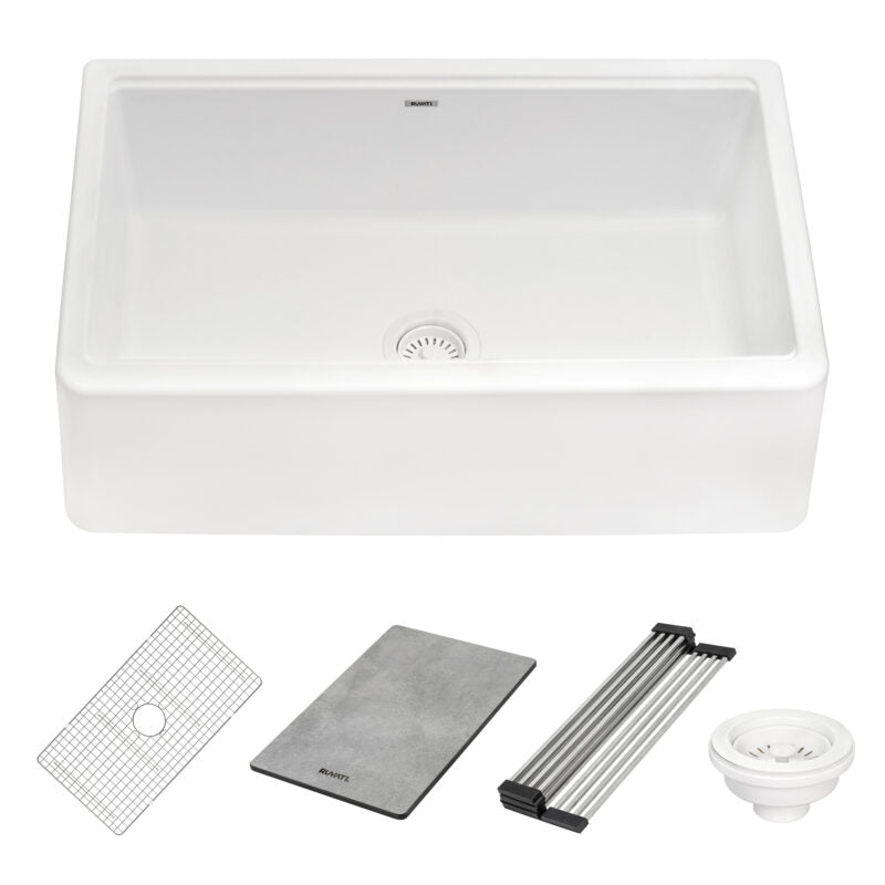 Ruvati epiCast 33” Matte White Farmhouse Granite Apron-Front Single Bowl Workstation Kitchen Sink With Basket Strainer, Bottom Rinse Grid and Drain Assembly