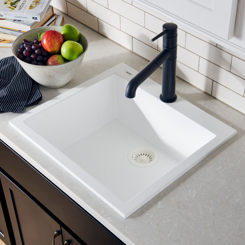 Ruvati epiGranite 22” x 20” Arctic White Drop-in Granite Composite Single Bowl Kitchen Sink With Basket Strainer and Drain Assembly