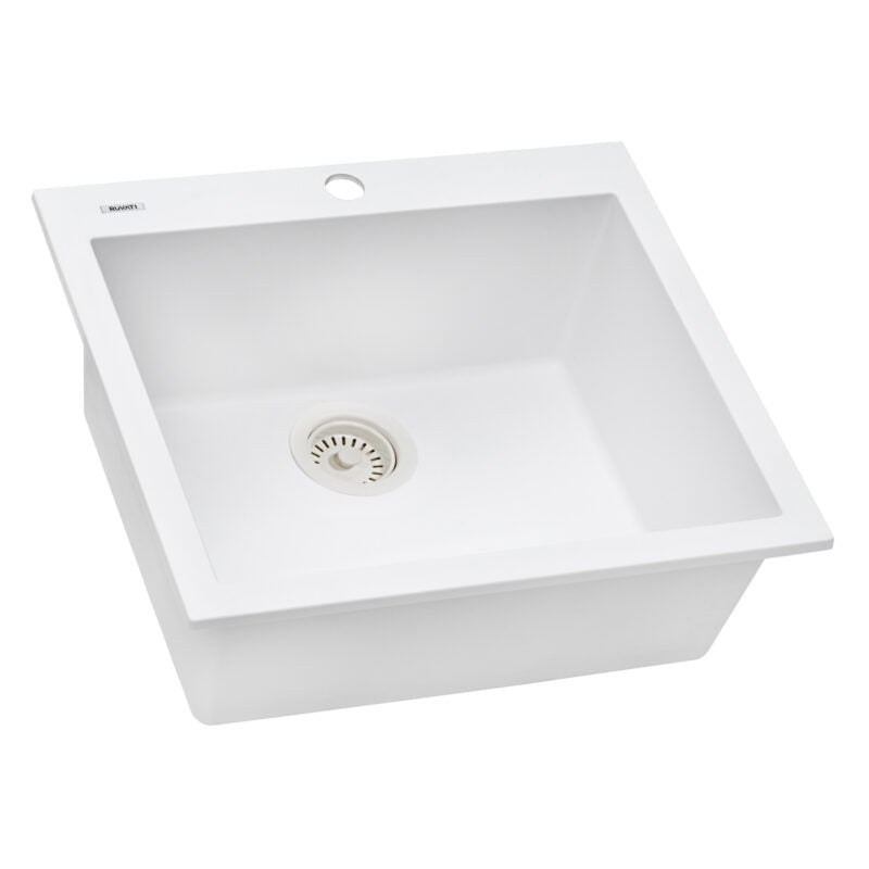 Ruvati epiGranite 22” x 20” Arctic White Drop-in Granite Composite Single Bowl Kitchen Sink With Basket Strainer and Drain Assembly