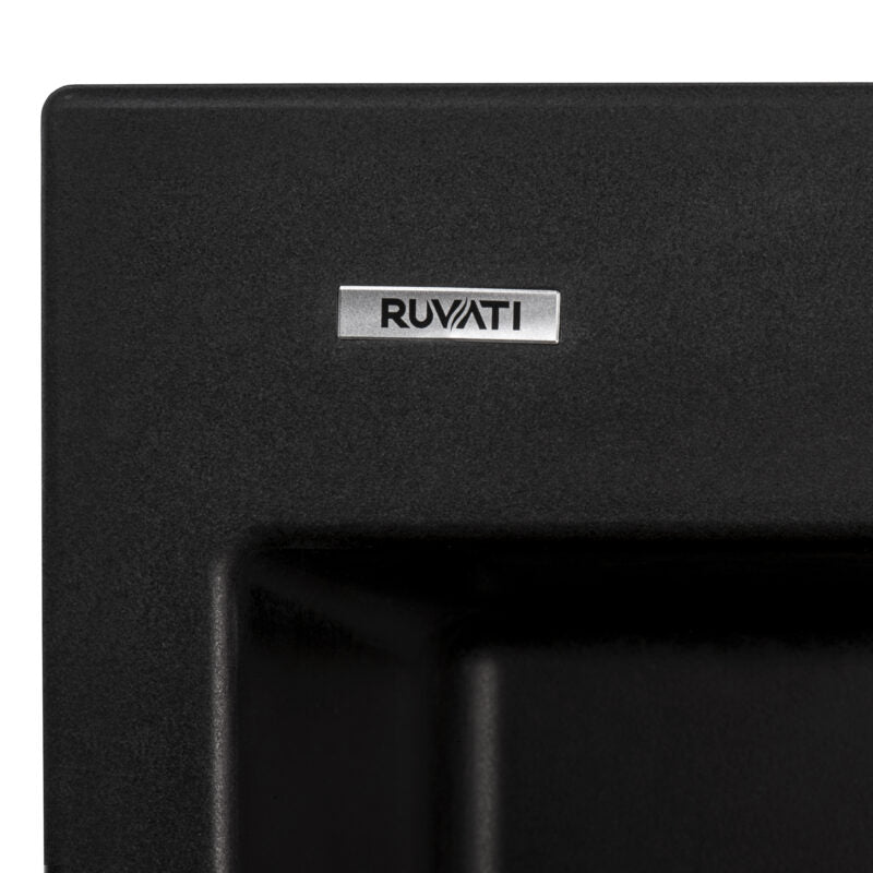 Ruvati epiGranite 22” x 20” Midnight Black Drop-in Granite Composite Single Bowl Kitchen Sink With Basket Strainer and Drain Assembly