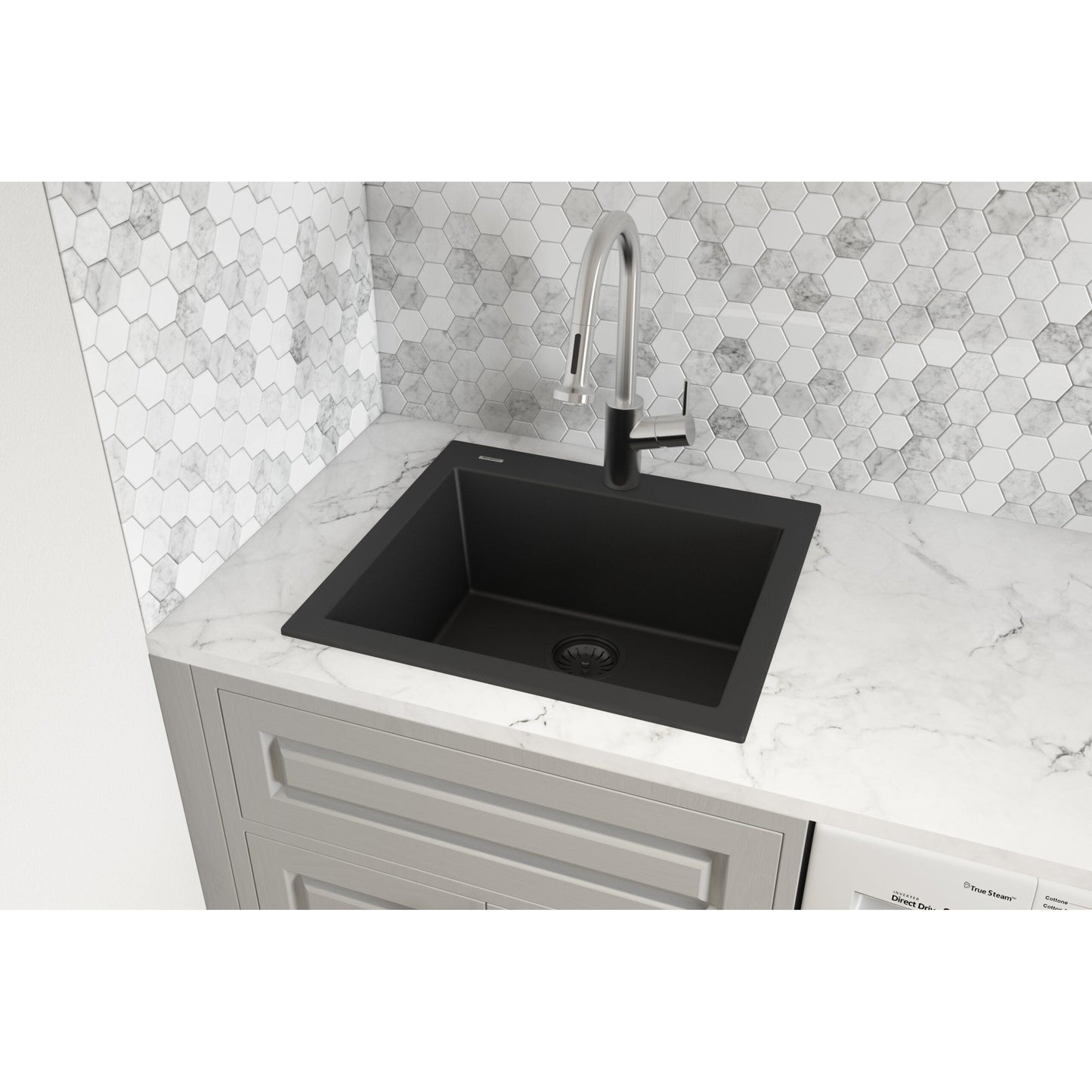 Ruvati epiGranite 22” x 20” Midnight Black Drop-in Granite Composite Single Bowl Kitchen Sink With Basket Strainer and Drain Assembly
