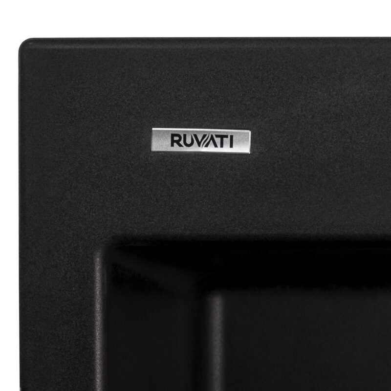 Ruvati epiGranite 23” x 20” Midnight Black Drop-in Granite Composite Single Bowl Kitchen Sink With Basket Strainer and Drain Assembly