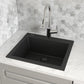 Ruvati epiGranite 23” x 20” Midnight Black Drop-in Granite Composite Single Bowl Kitchen Sink With Basket Strainer and Drain Assembly