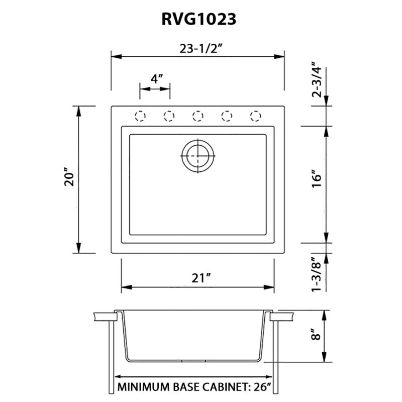 Ruvati epiGranite 23” x 20” Midnight Black Drop-in Granite Composite Single Bowl Kitchen Sink With Basket Strainer and Drain Assembly