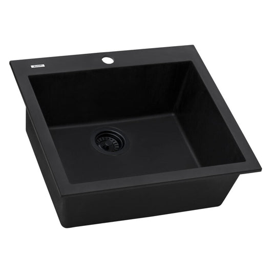 Ruvati epiGranite 23” x 20” Midnight Black Drop-in Granite Composite Single Bowl Kitchen Sink With Basket Strainer and Drain Assembly