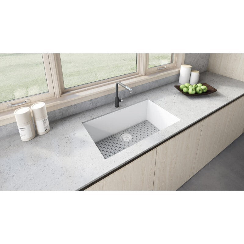 Ruvati epiGranite 30” x 18” Arctic White Undermount Granite Single Bowl Kitchen Sink With Basket Strainer, Bottom Rinse Grid and Drain Assembly