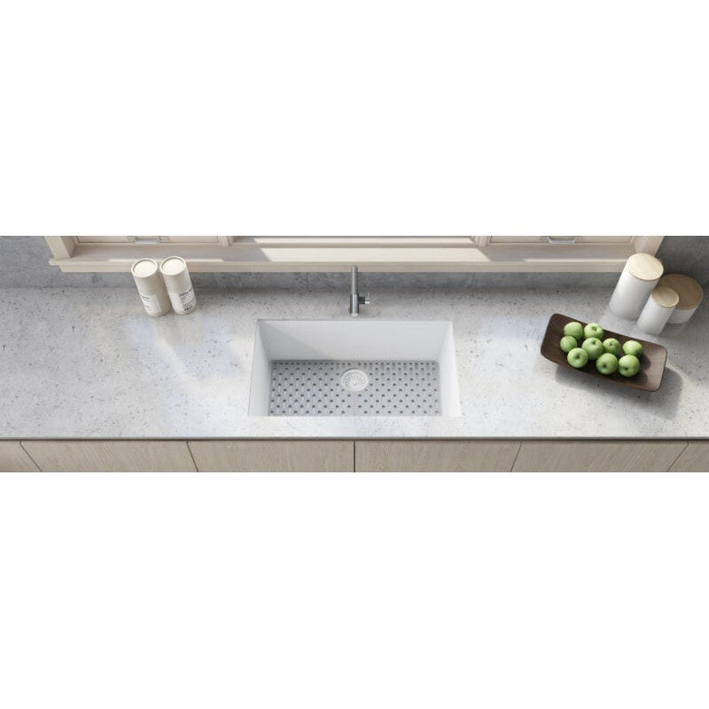 Ruvati epiGranite 30” x 18” Arctic White Undermount Granite Single Bowl Kitchen Sink With Basket Strainer, Bottom Rinse Grid and Drain Assembly