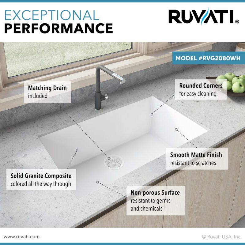 Ruvati epiGranite 30” x 18” Arctic White Undermount Granite Single Bowl Kitchen Sink With Basket Strainer, Bottom Rinse Grid and Drain Assembly