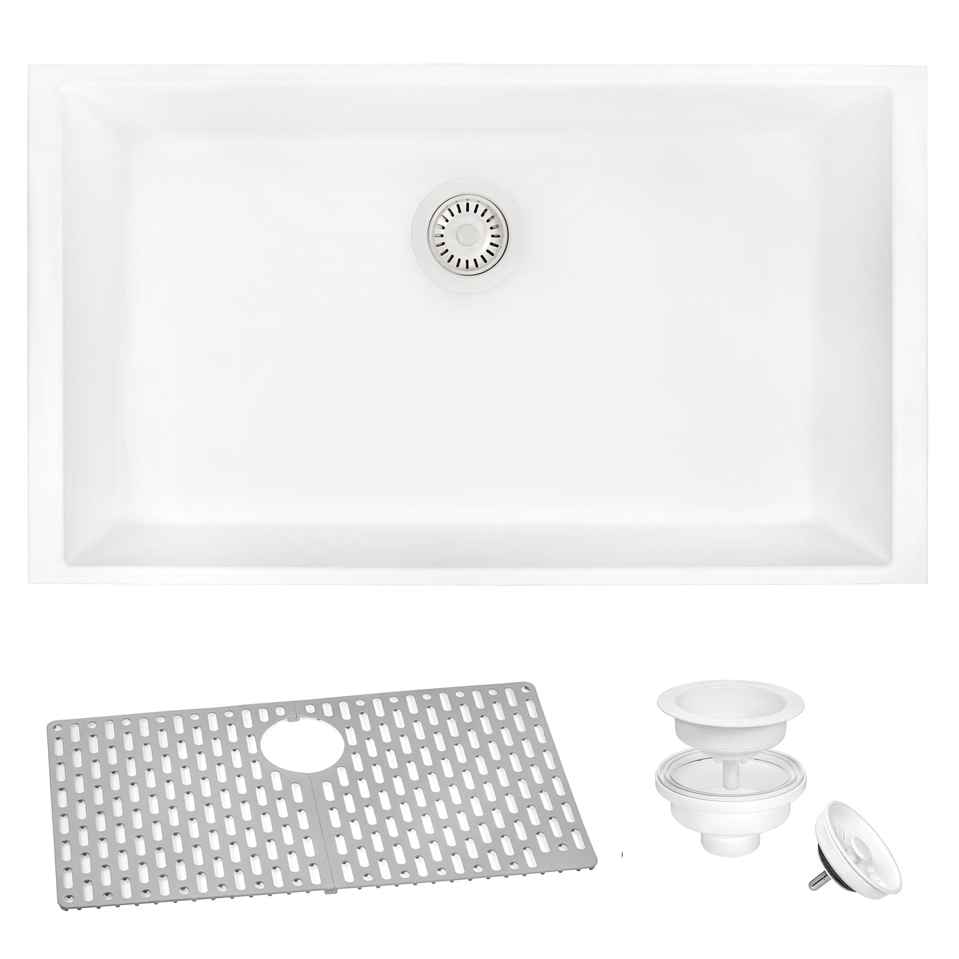 Ruvati epiGranite 30” x 18” Arctic White Undermount Granite Single Bowl Kitchen Sink With Basket Strainer, Bottom Rinse Grid and Drain Assembly