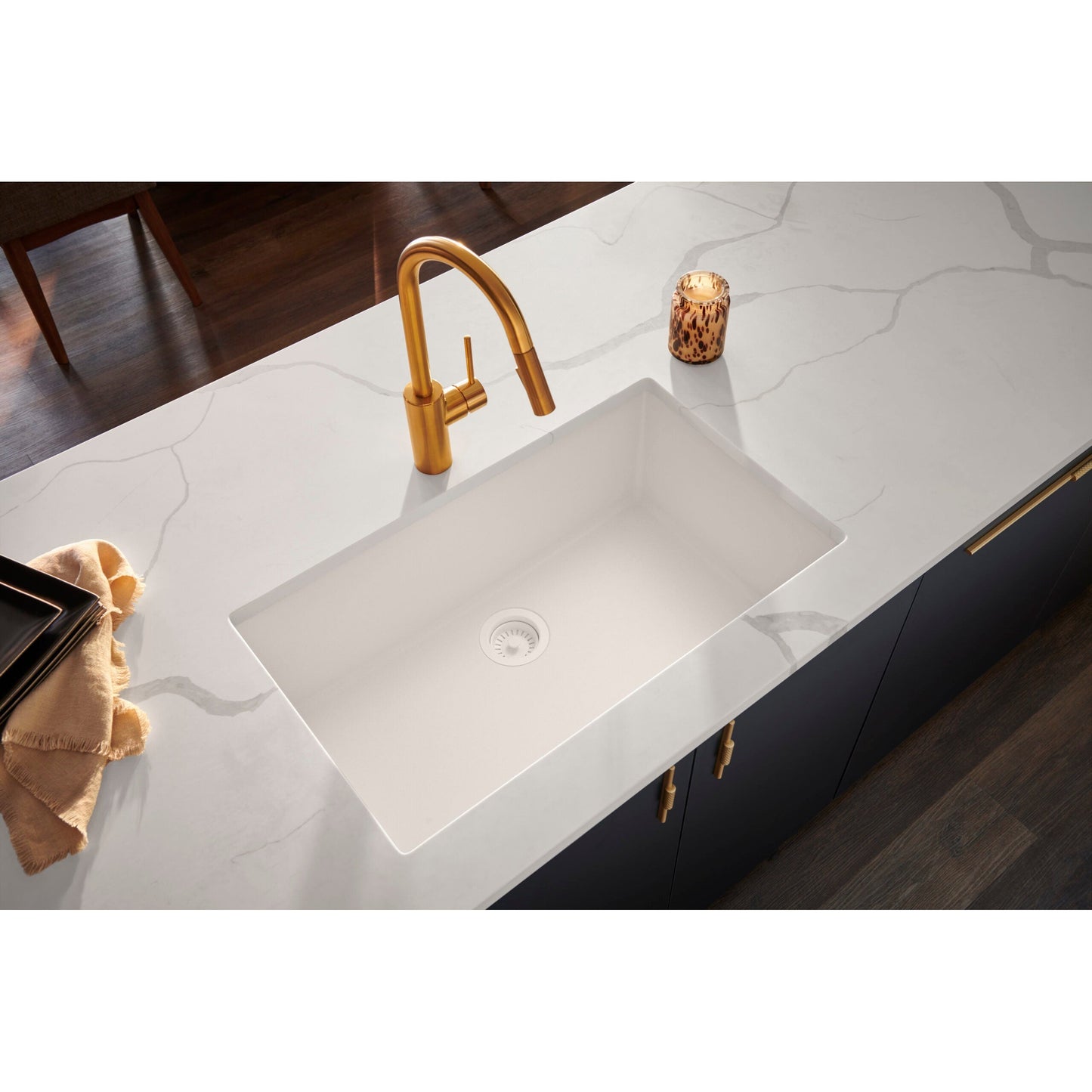 Ruvati epiGranite 30” x 18” Arctic White Undermount Granite Single Bowl Kitchen Sink With Basket Strainer, Bottom Rinse Grid and Drain Assembly